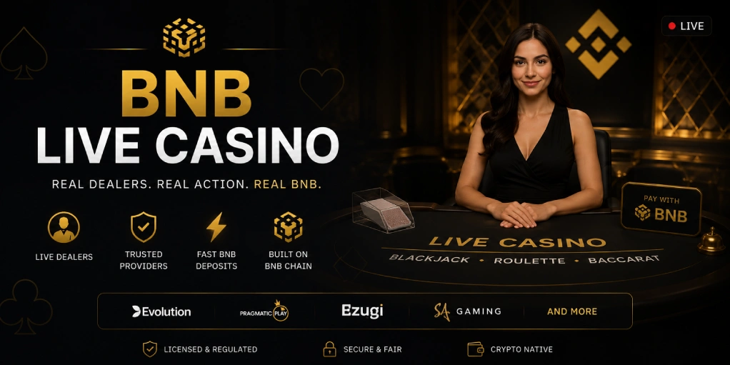Minimalist dark hero banner for BNB live casino games with dealer table, BNB accents, and professional studio lighting