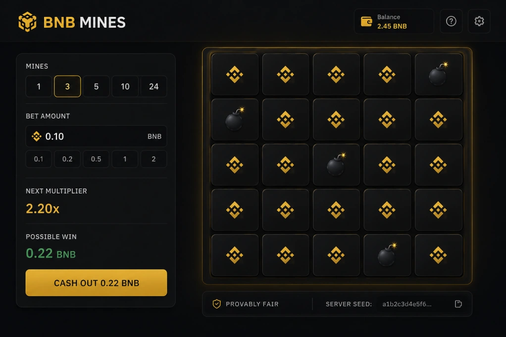 BNB Mines game interface showing a 5x5 grid, mine count, bet amount, multiplier, and cash out button