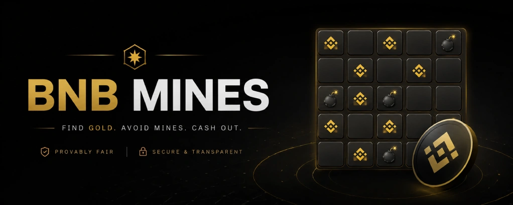 Minimalist dark hero banner for BNB Mines with a 5x5 grid, hidden mines, BNB accents, and crypto gaming theme