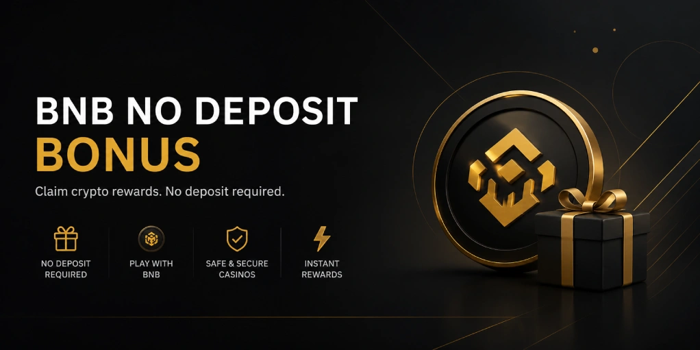 Dark professional hero banner for BNB no deposit bonuses with Binance Coin inspired free spins and reward symbols
