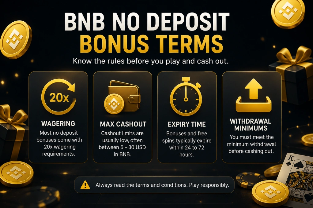 BNB no deposit bonus terms showing wagering, maximum cashout, expiry time and withdrawal minimums