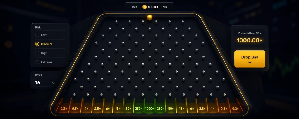 BNB Plinko game board showing peg rows and payout multiplier slots at a crypto casino