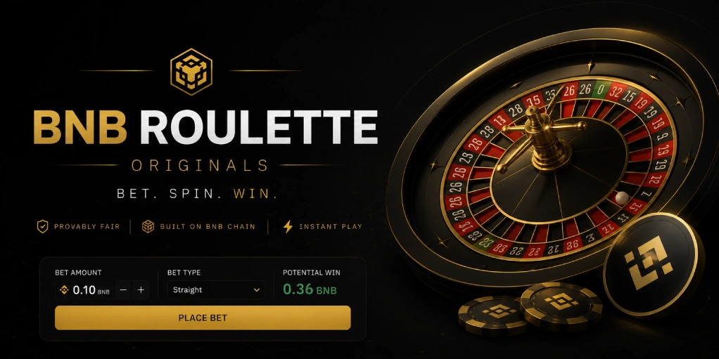 Minimalist dark hero banner for BNB roulette originals with roulette wheel, BNB accents, and crypto casino interface elements