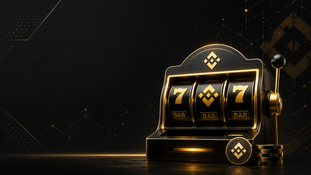 Minimalist hero banner illustrating online BNB slots with a modern slot machine and blockchain-inspired design