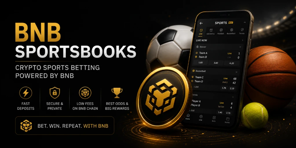 Professional dark hero banner for BNB sportsbooks and crypto sports betting