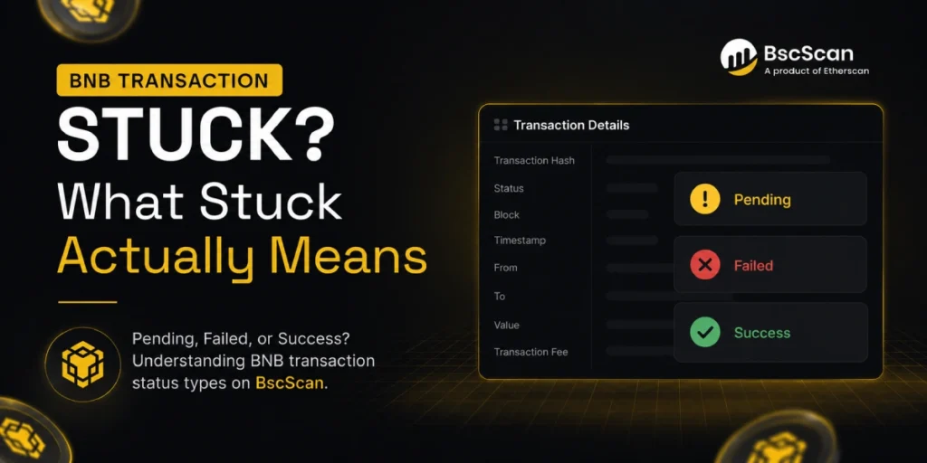 BNB transaction stuck showing pending failed and success status types on BscScan block explorer