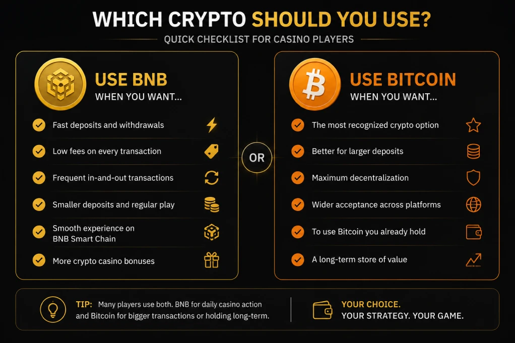 Checklist comparing when to use BNB or Bitcoin for online casino deposits and withdrawals