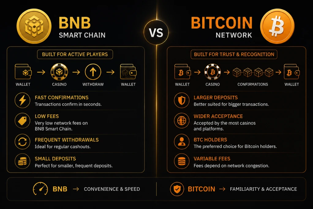 BNB versus Bitcoin casino comparison showing transaction speed fees and confirmation differences