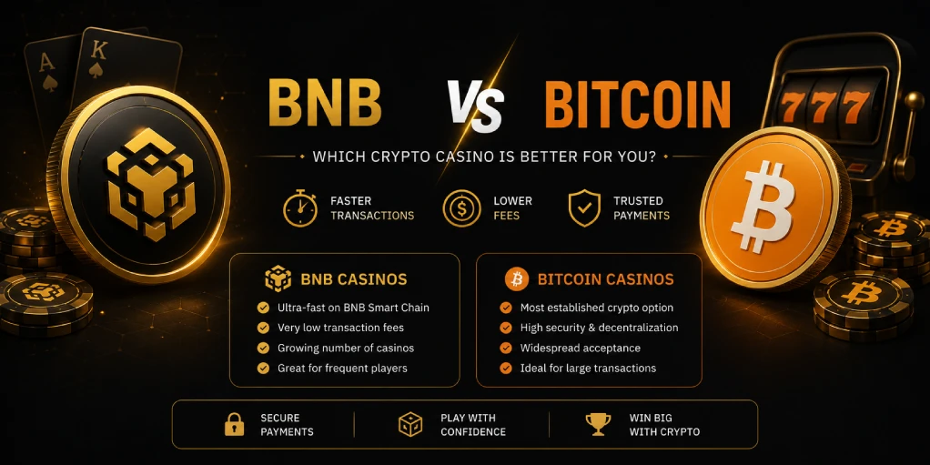 Minimalist dark hero banner comparing BNB and Bitcoin casinos for crypto gambling payments