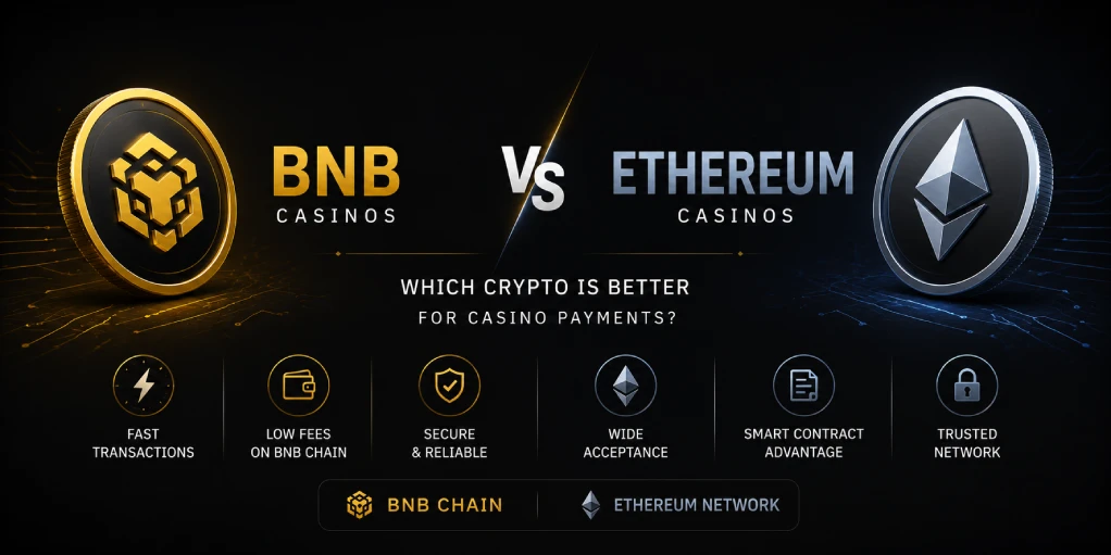 Minimalist dark hero banner comparing BNB and Ethereum casinos for crypto gambling payments