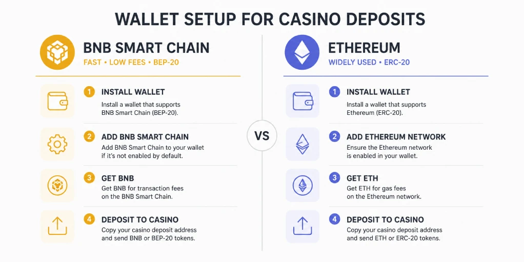 Wallet network comparison for BNB Smart Chain and Ethereum casino deposits