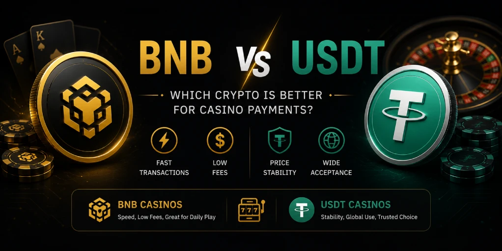 Minimalist dark hero banner comparing BNB and USDT casinos for crypto gambling payments