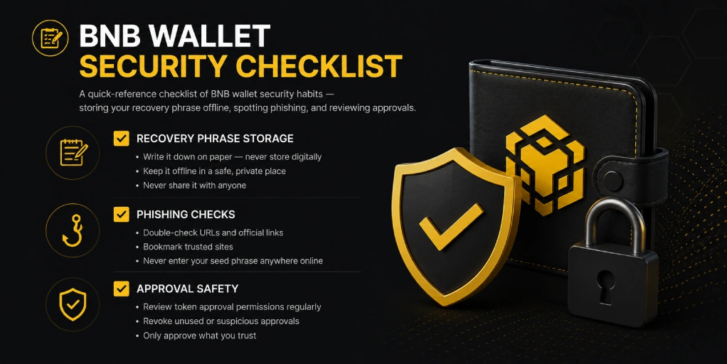 BNB wallet security checklist showing recovery phrase storage phishing checks and approval safety