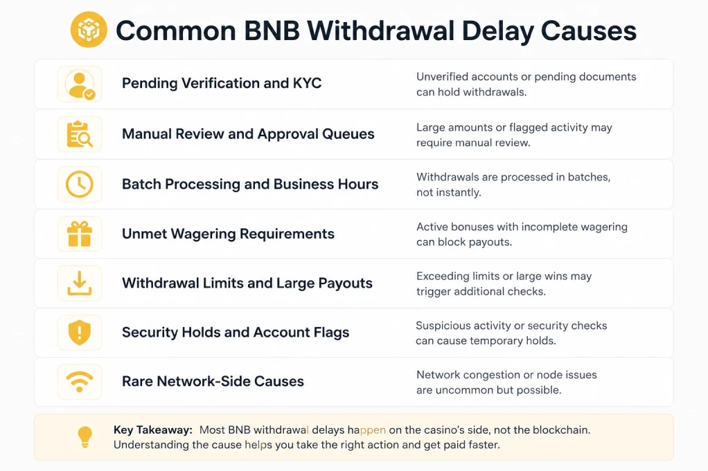 Checklist of common BNB withdrawal delay causes including KYC manual review and wagering requirements