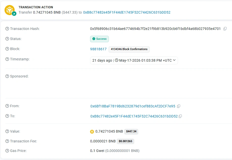 BscScan transaction page showing Success status confirmations gas fee and sender and receiver addresses
