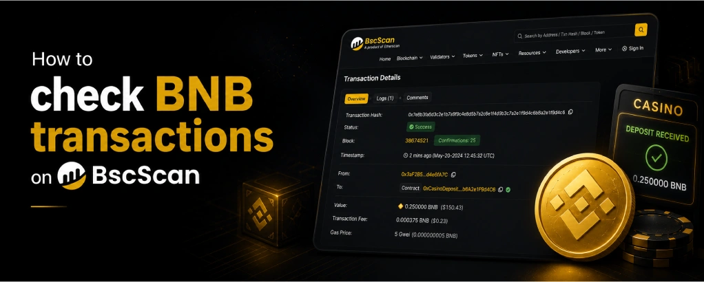 How to check BNB transactions on BscScan showing transaction status and confirmations for a casino deposit
