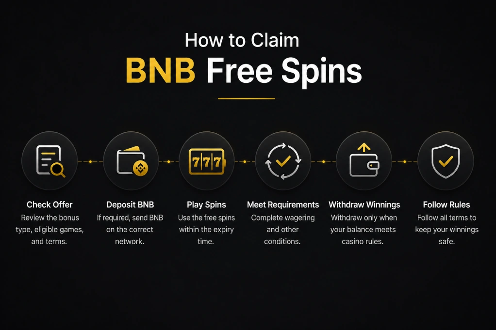 Step by step flow for claiming BNB free spins at an online crypto casino