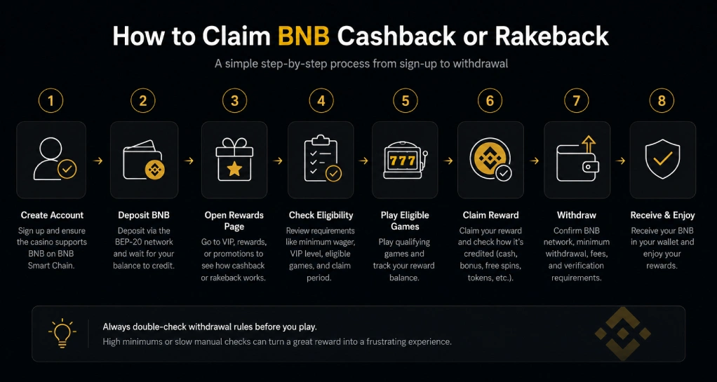 Step by step process for claiming BNB rakeback and withdrawing casino rewards