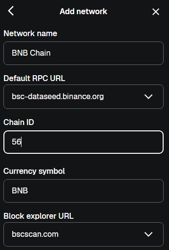 MetaMask add network screen showing BNB Smart Chain settings with RPC URL and Chain ID 56