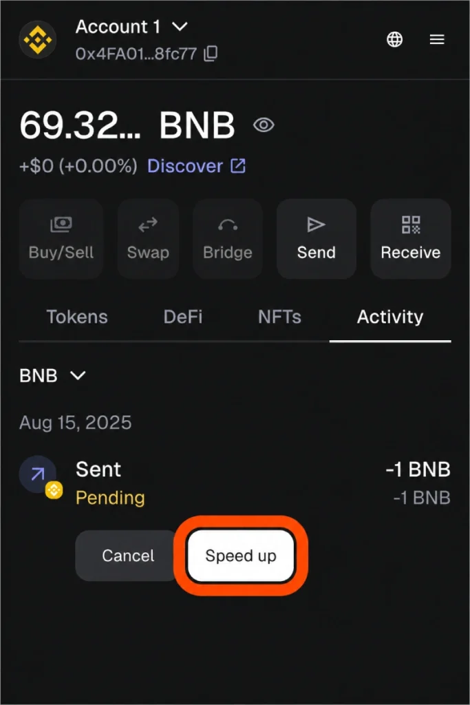 MetaMask speed up and cancel buttons for a stuck pending BNB transaction on BNB Smart Chain