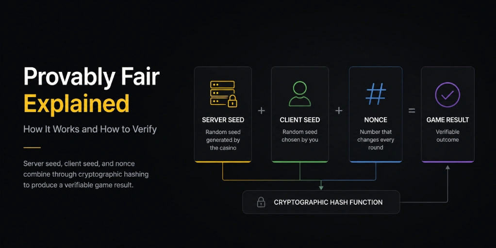 Provably fair explained showing server seed client seed and nonce combining to produce a verifiable game result