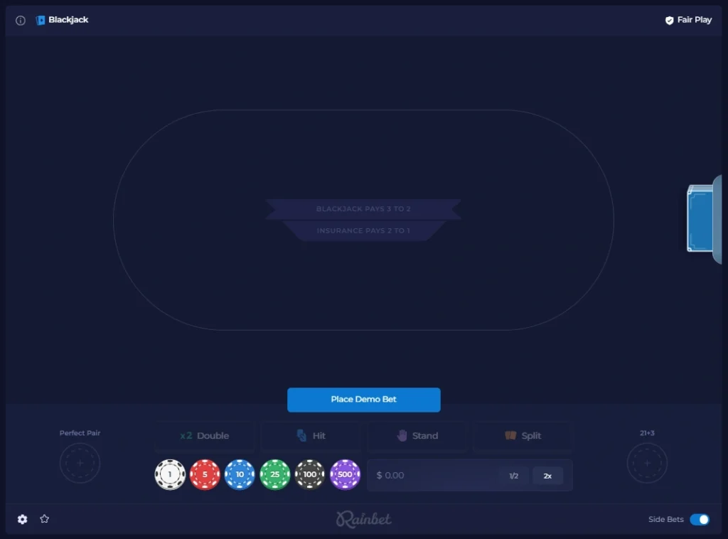 Rainbet original blackjack interface for BNB players with virtual dealer and crypto casino controls