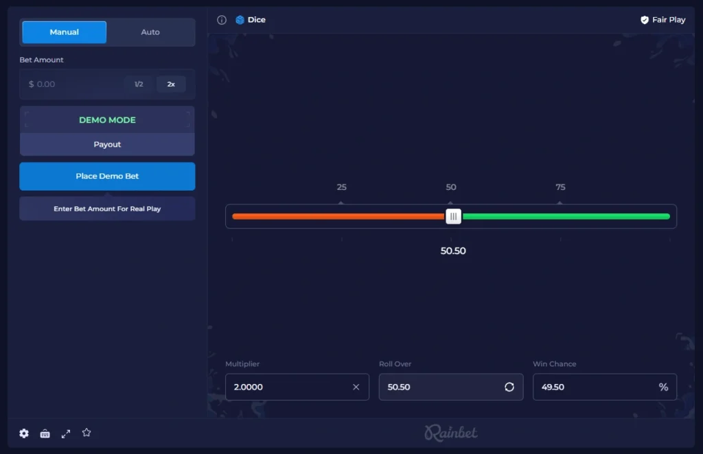 Rainbet Dice game screen for BNB players with provably fair controls and crypto betting interface