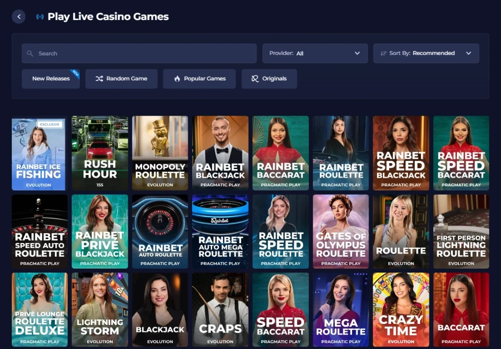 Rainbet BNB live casino lobby with blackjack roulette baccarat and game show categories