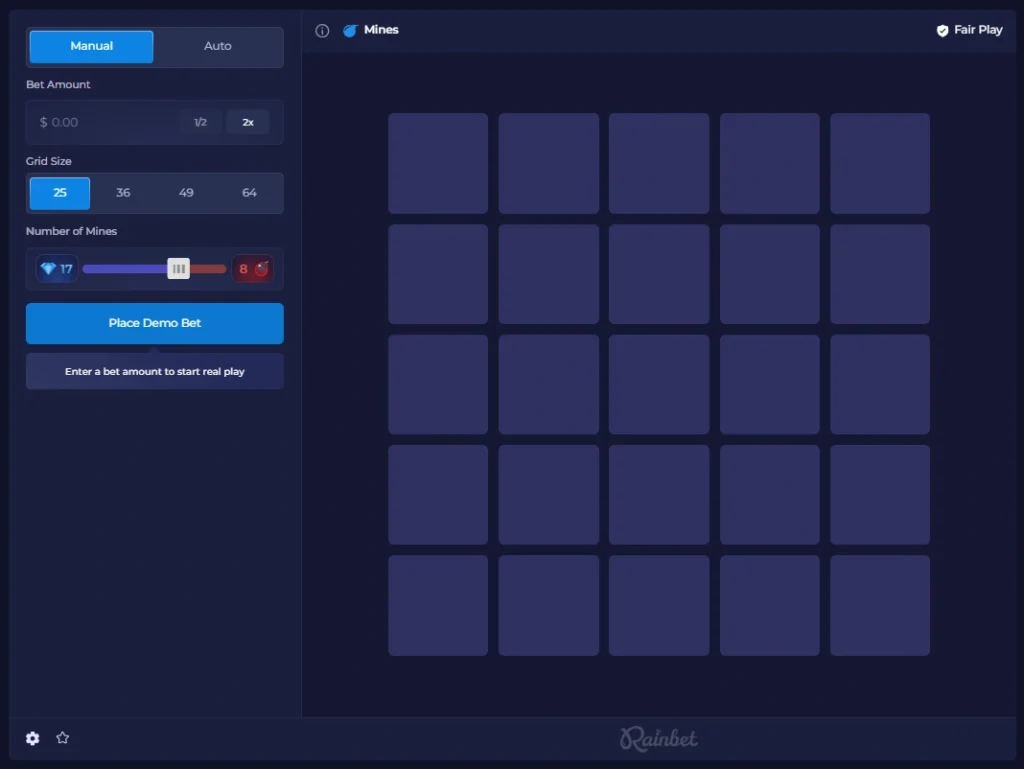 Rainbet Mines game screen for BNB players with tile grid, mine count, and provably fair controls