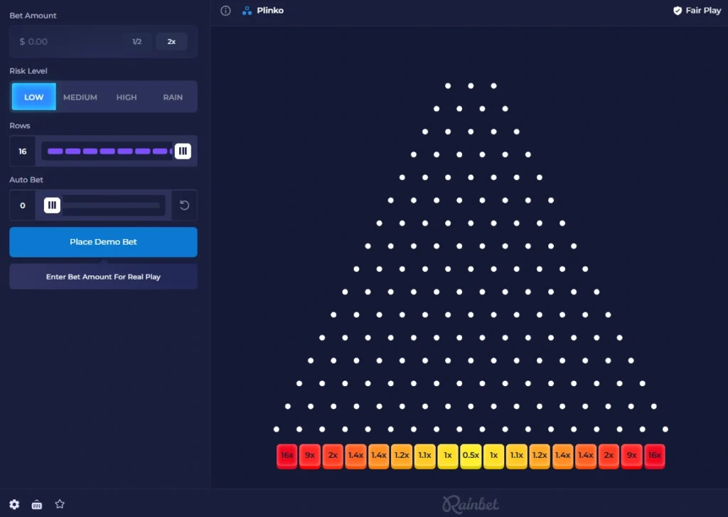 Rainbet Plinko game interface with BNB deposit option for crypto players