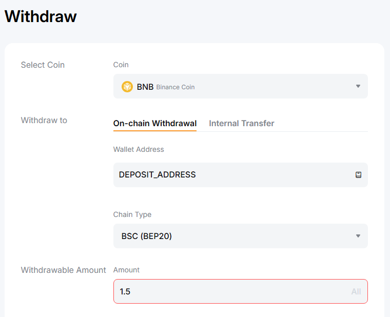 Bybit exchange withdrawal screen with BNB Smart Chain BEP-20 network selected for sending BNB