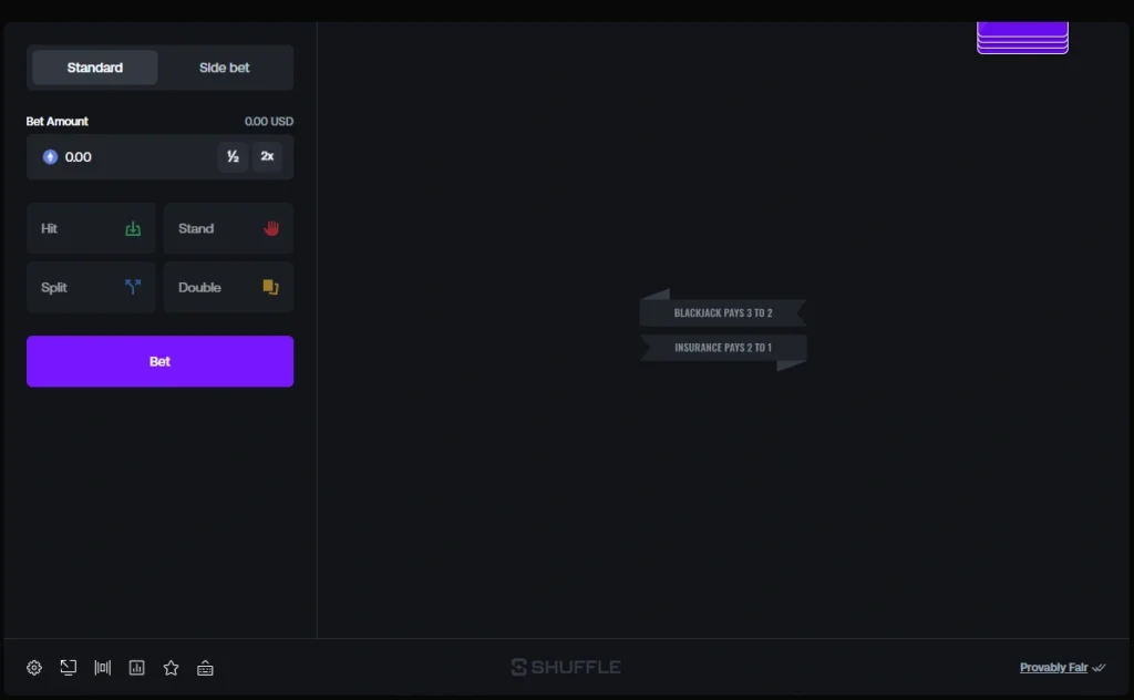 Shuffle original blackjack game screen for BNB users with card controls and fast crypto gameplay