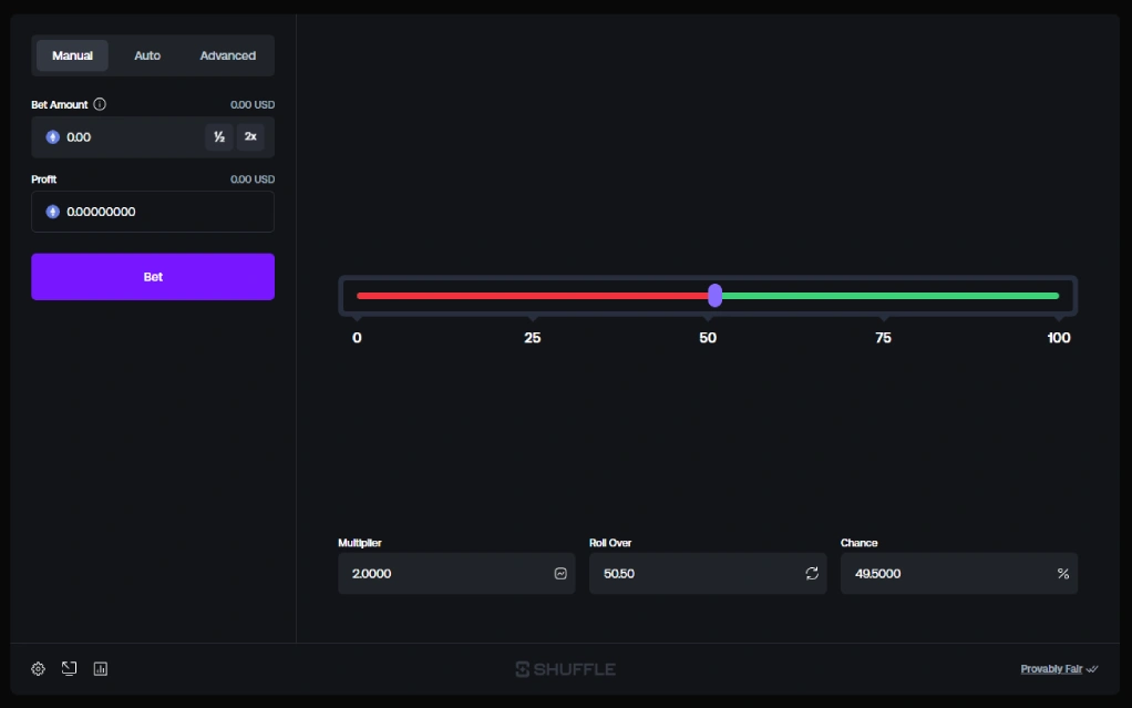 Shuffle BNB dice game with roll controls, multiplier settings, and clean crypto casino interface