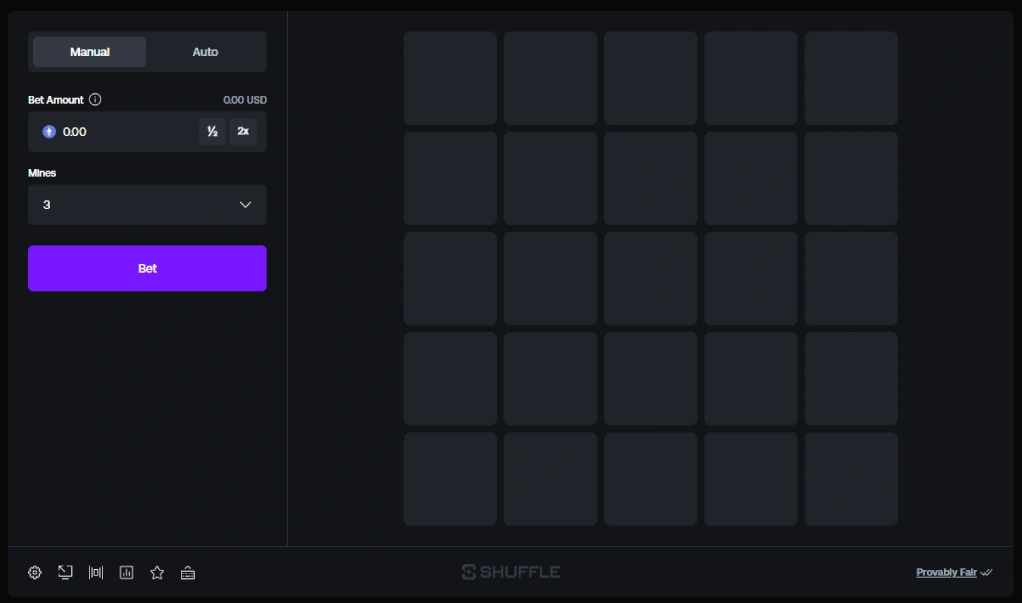 Shuffle BNB Mines game interface with grid tiles, cash out button, and clean crypto casino layout