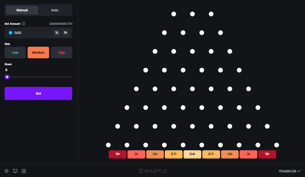 Shuffle Plinko interface with BNB payments and instant rakeback rewards