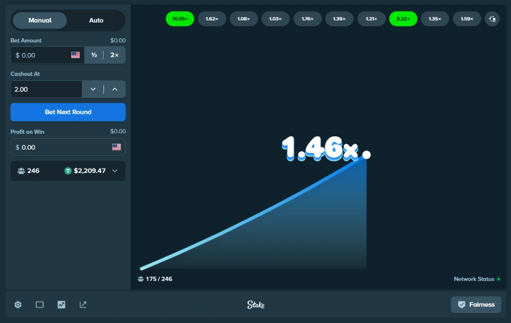 Stake Crash game interface for players funding casino accounts with BNB