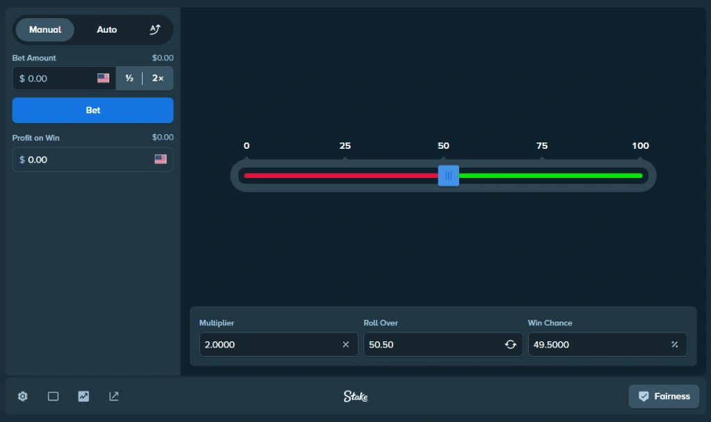 Stake Dice game interface with adjustable win chance and BNB payment support