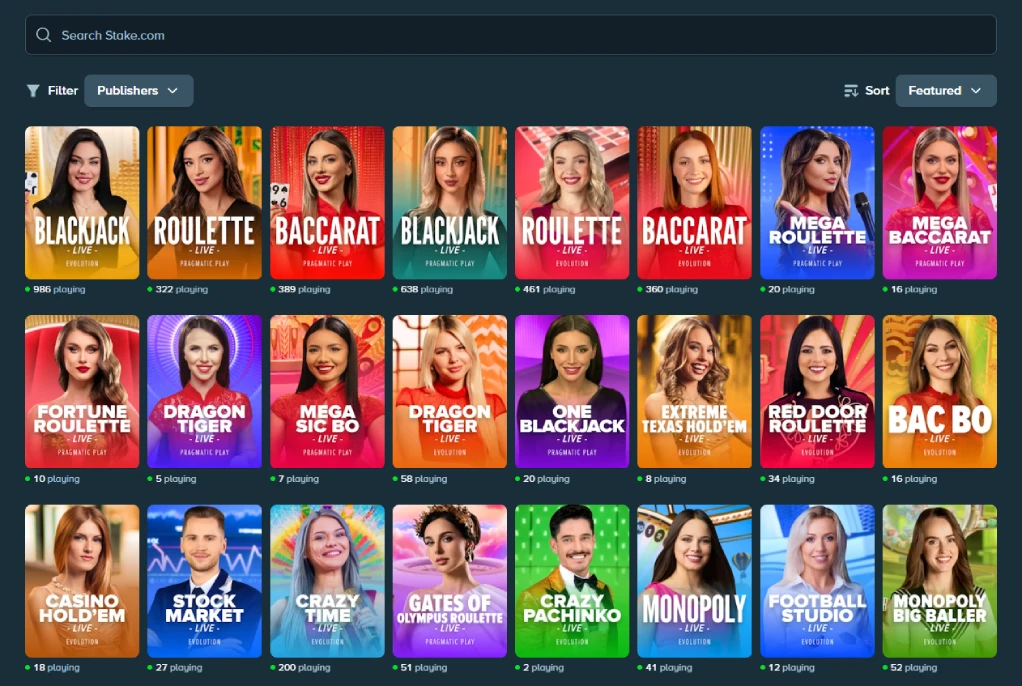 Stake BNB live casino interface showing live roulette blackjack baccarat and game show tables