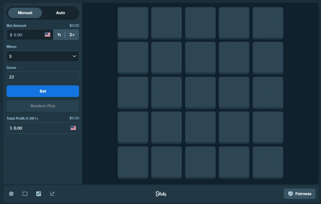 Stake Mines game with 5x5 tile grid, BNB payment support, multiplier controls, and cash out button