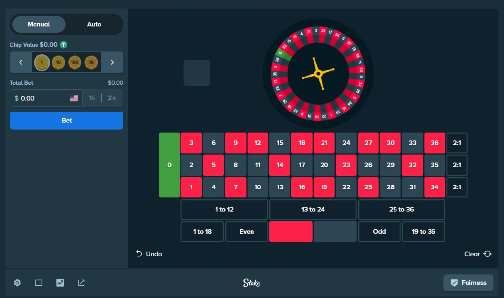 Stake original roulette game for BNB players showing digital roulette wheel and betting controls