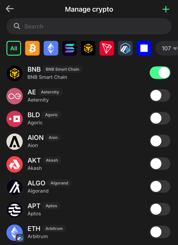Trust Wallet manage crypto screen with BNB Smart Chain enabled and BEP-20 tokens listed