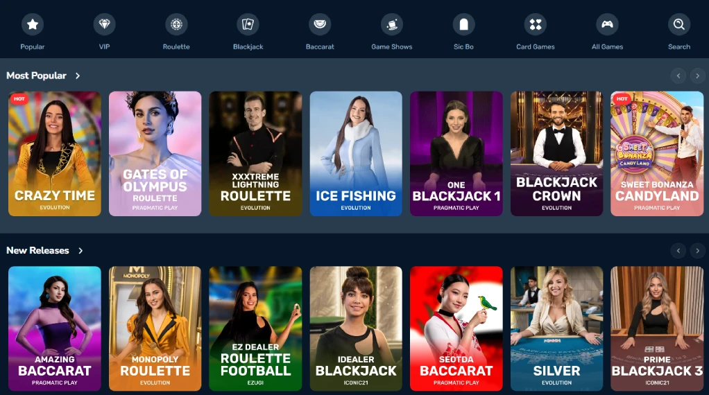 Winz.io BNB live casino lobby with roulette blackjack baccarat and game show categories